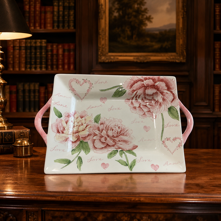 White porcelain serving tray with pink handles, painted peonies, hearts and Love and Amour script