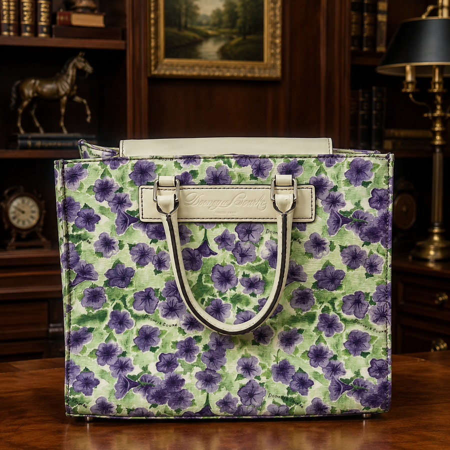 Dooney & Bourke multicolor floral print satchel with purple blooms and cream leather trim