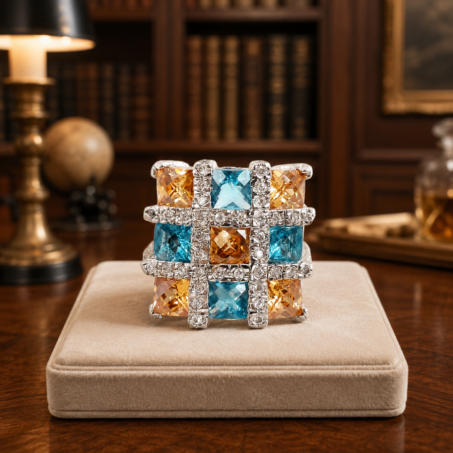 Silver-tone cocktail ring with grid of square-cut blue and orange stones and clear accents