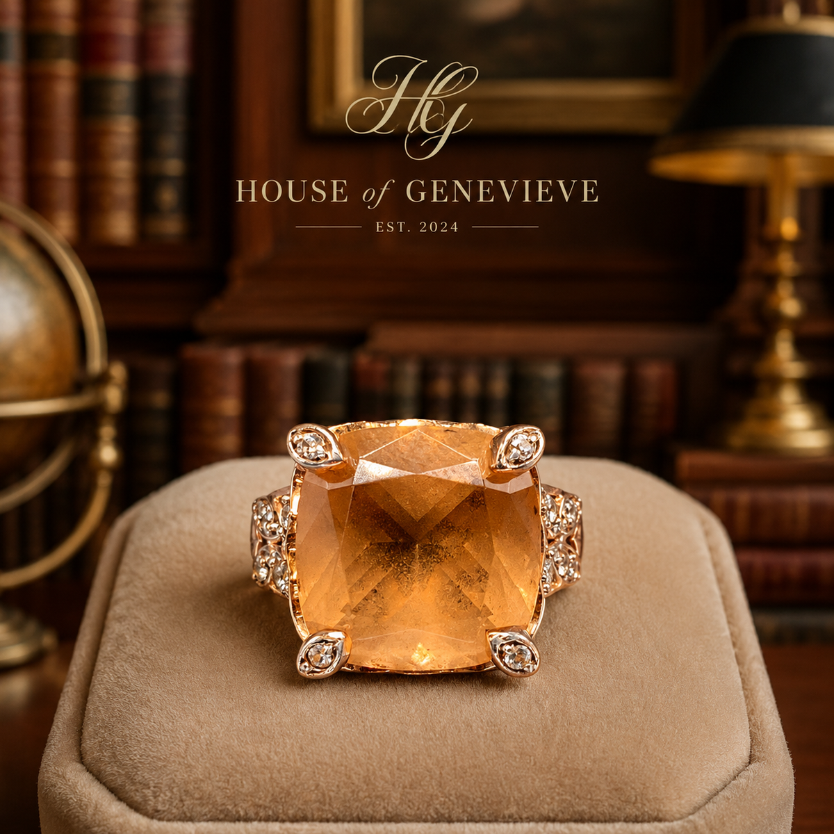 Rose gold-tone cocktail ring with large cushion-cut peach stone and pavé shoulders