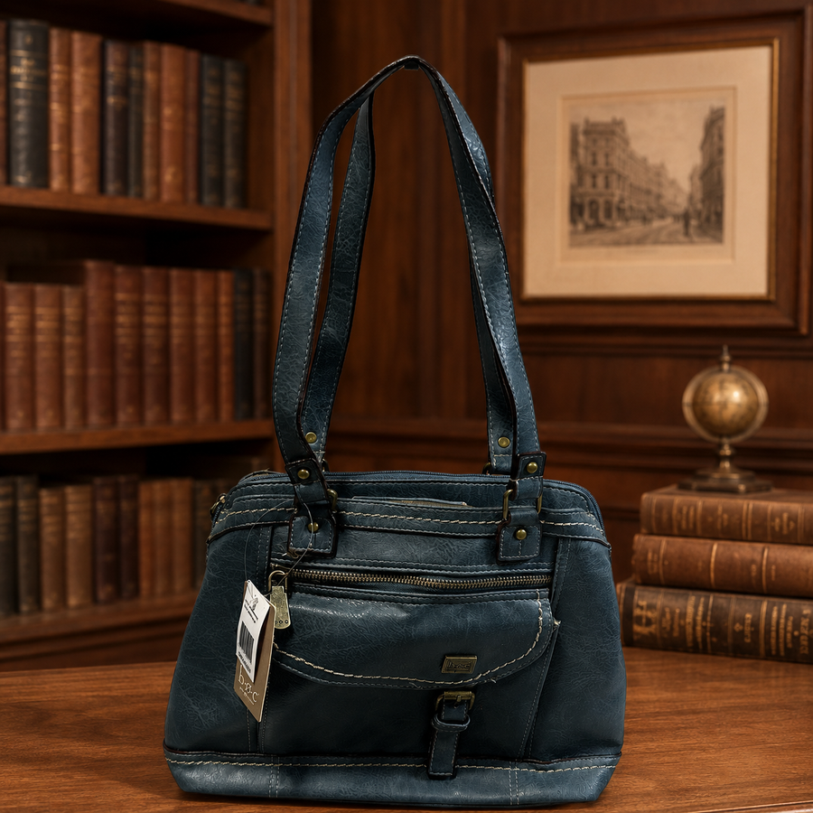 b.o.c. mineral blue faux leather shoulder tote with cream stitching and front zip pocket