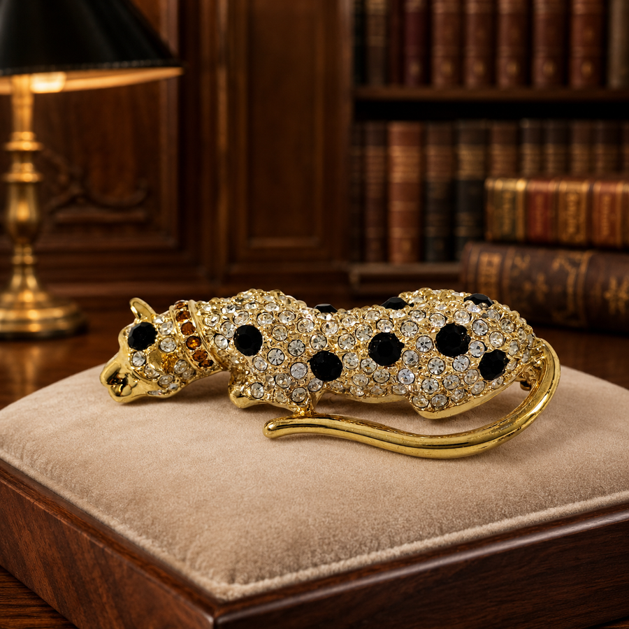 Georgio gold-tone leopard brooch with clear pavé rhinestones and black stone spots