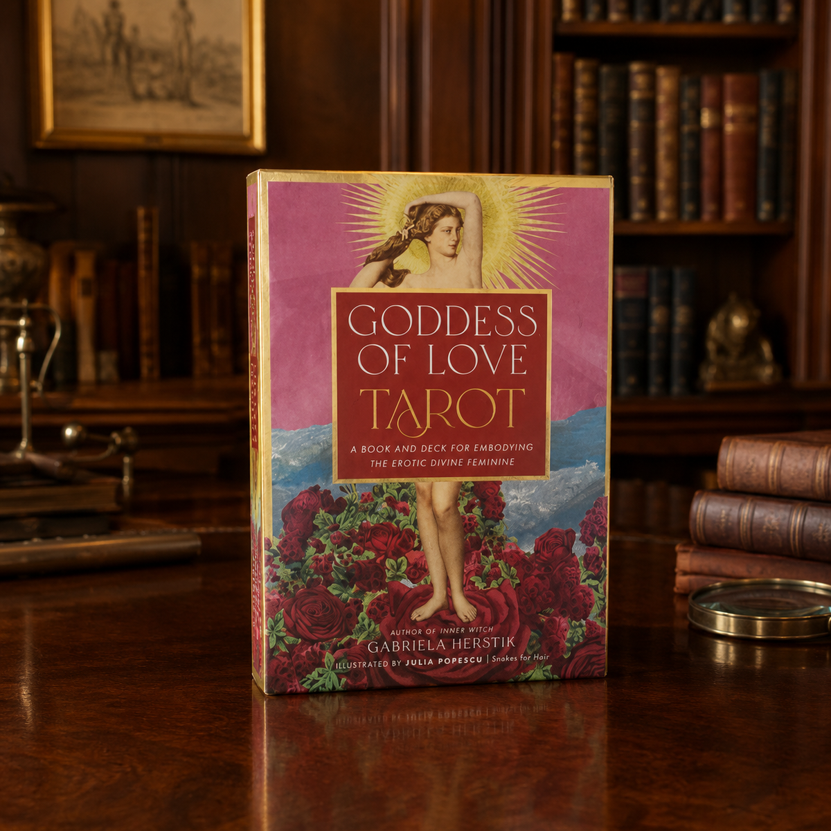 Goddess of Love Tarot boxed book and deck set in shrink wrap with goddess artwork amid roses