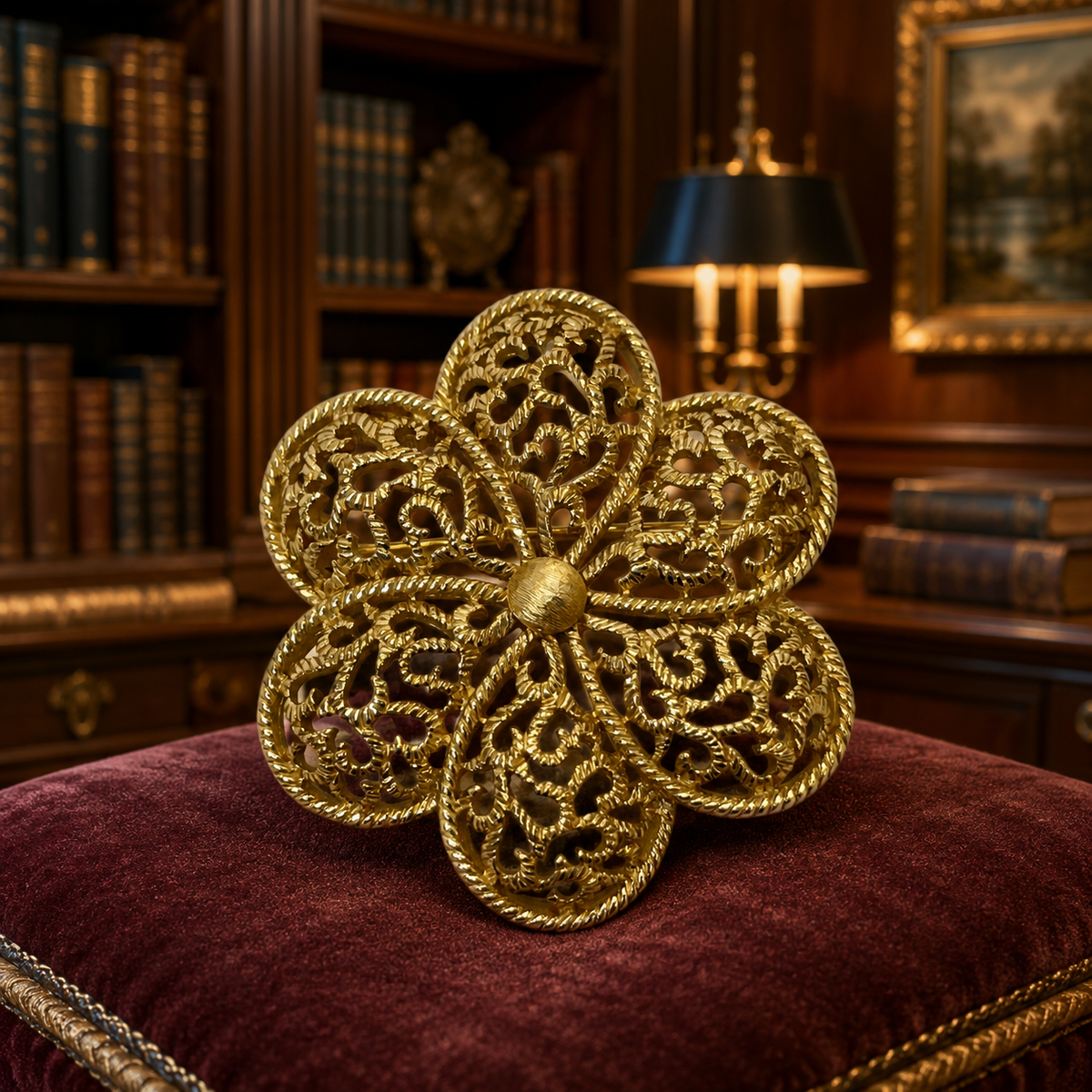 Gold-tone openwork six-petal flower brooch with rope-textured borders