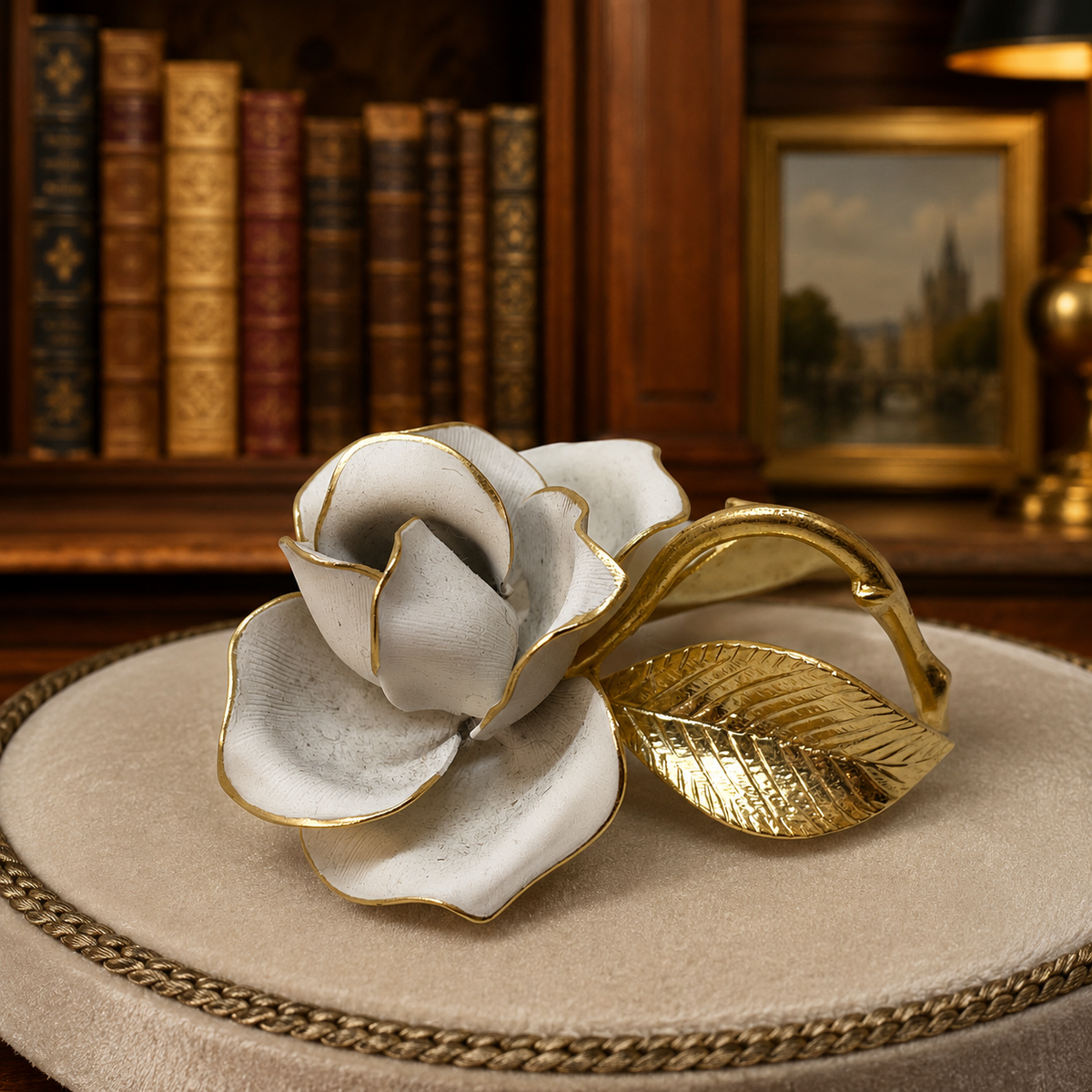 White rose brooch with gold-tone textured leaves and curved stem