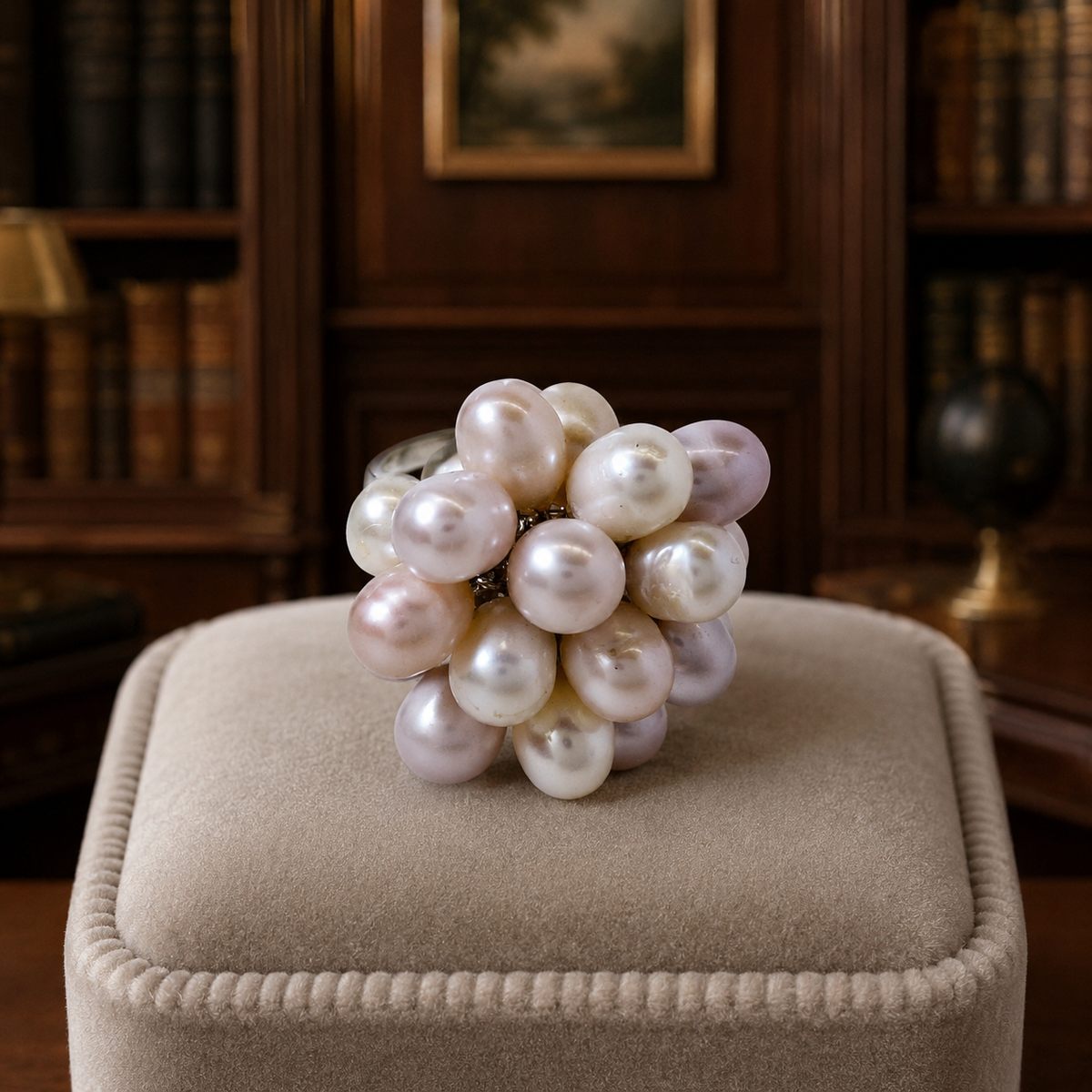 Silver-Tone Pink and White Pearl Cluster Statement Ring
