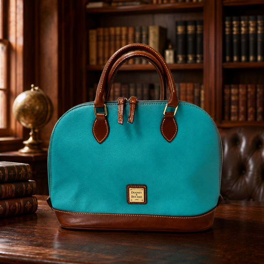 Dooney & Bourke turquoise pebbled leather zip zip dome satchel with cognac leather trim