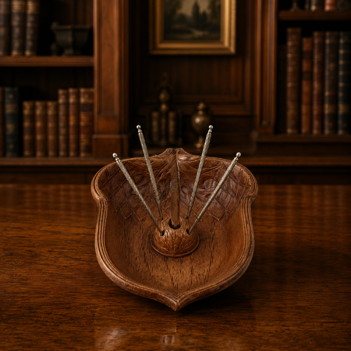 Molded acorn-shaped nut serving tray with leaf relief, nutcracker and four metal picks