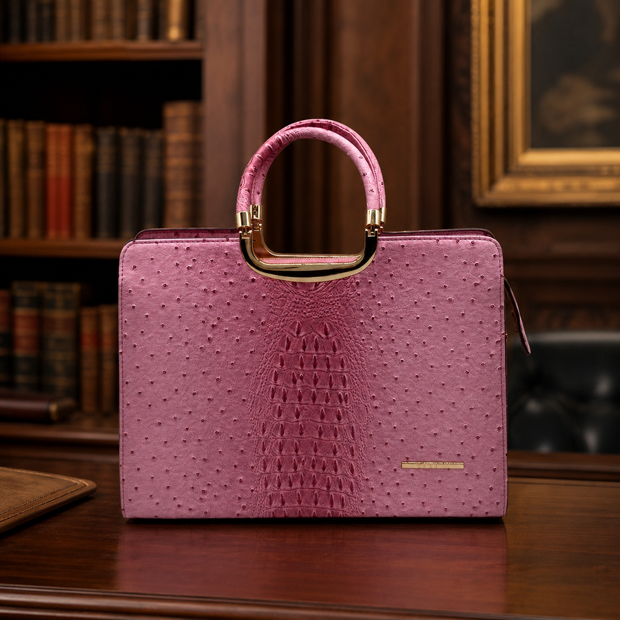Pink faux ostrich embossed structured top handle handbag with croc embossed center panel
