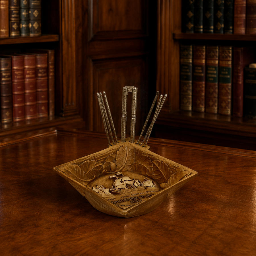Square nut serving tray molded with leaves, acorns and Jamestown Virginia 1607 ship scene, with tools