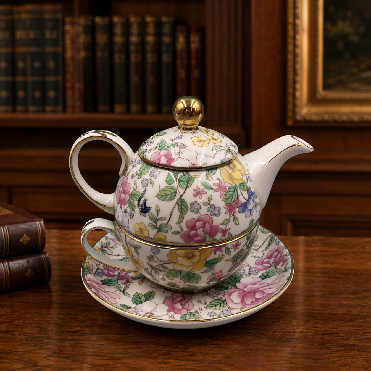 Two's Company Chintz Floral Teapot for One Stackable Set