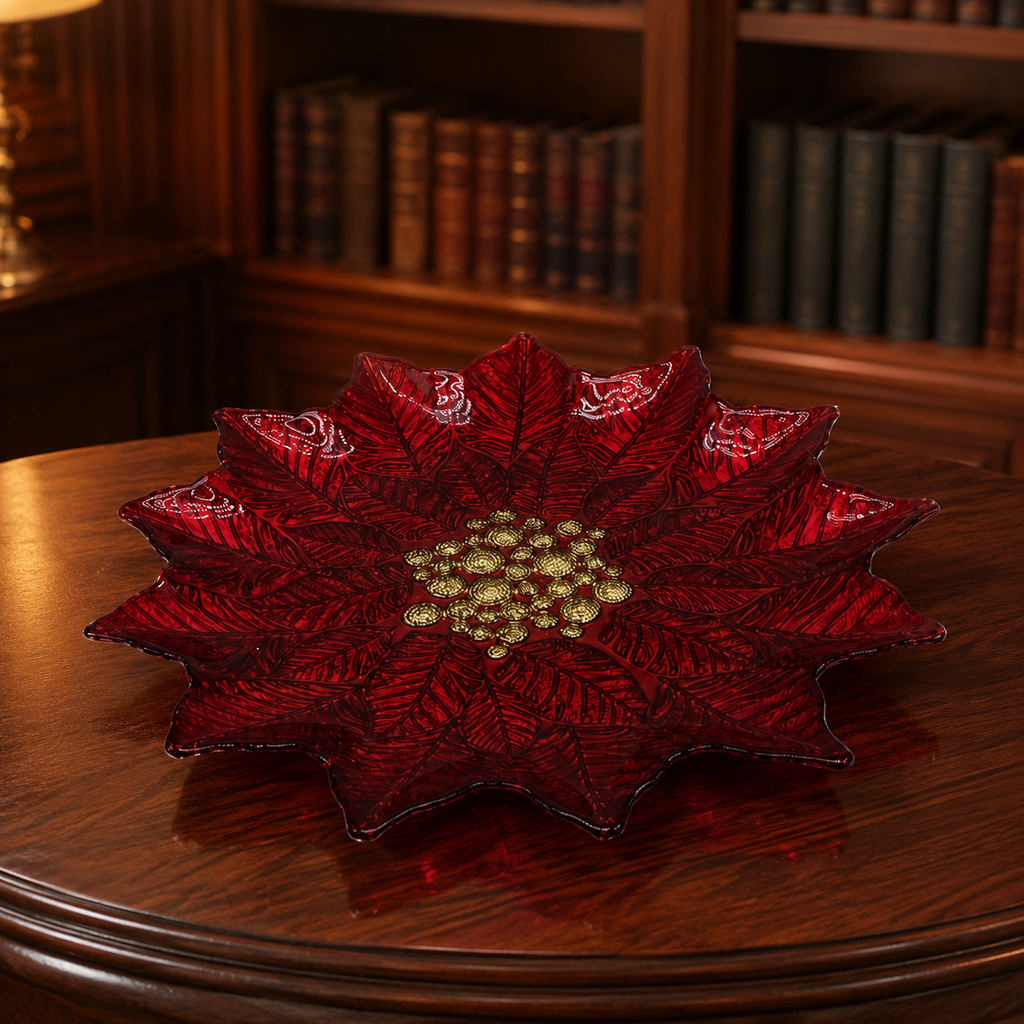 Turkish Glass Red Poinsettia Serving Tray, 12.75 In