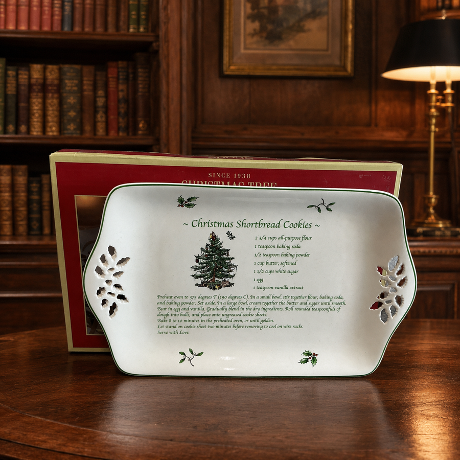 Spode Christmas Tree pierced recipe tray with shortbread recipe, holly, and snowflake cutout handles, with box