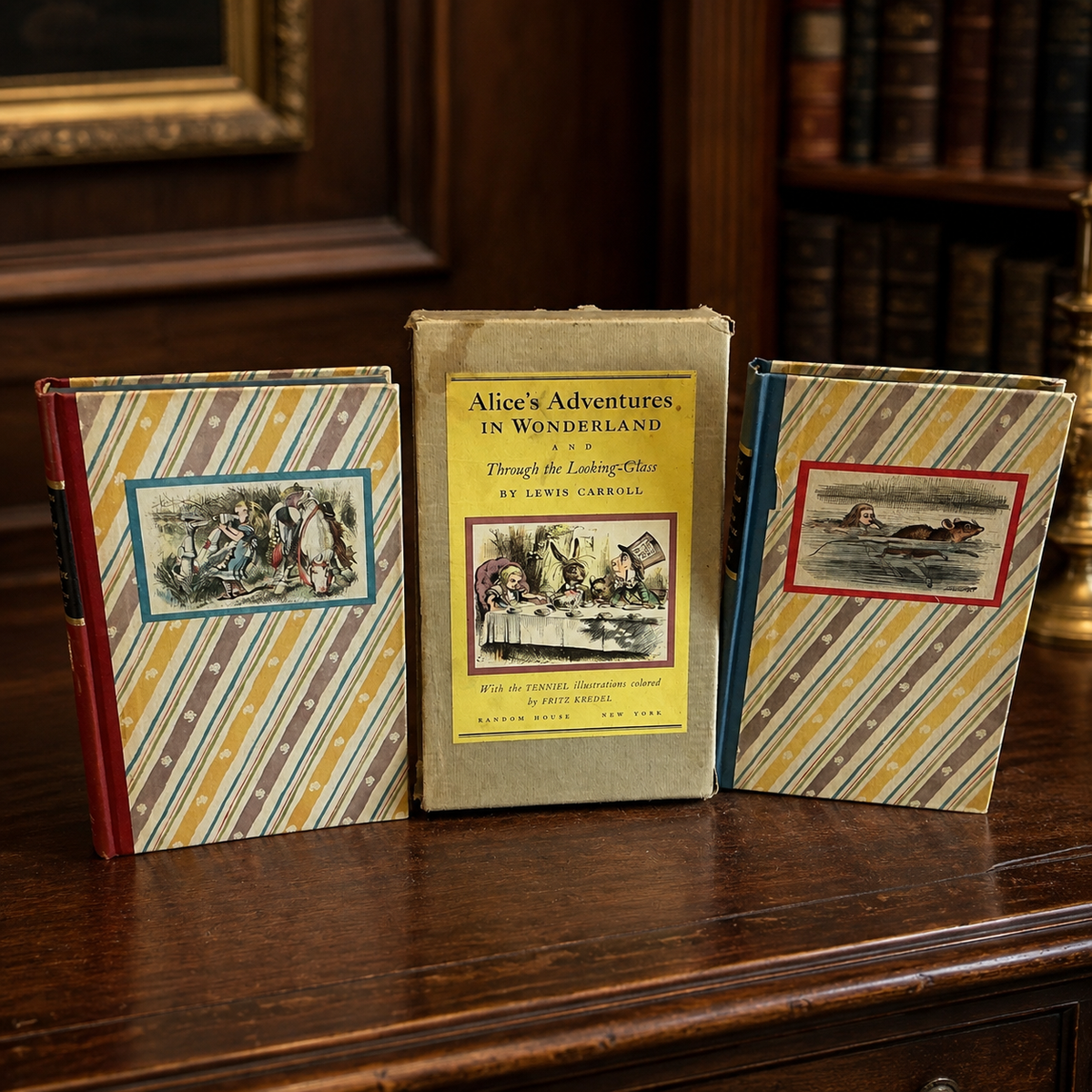 Alice's Adventures in Wonderland and Through the Looking-Glass 1946 Random House two-book set with striped slipcase