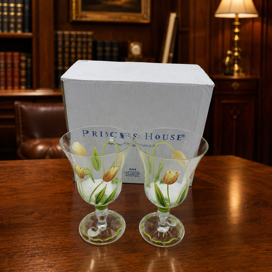Two clear Princess House Cottage Tulip goblets painted with yellow tulips and green leaves, with box