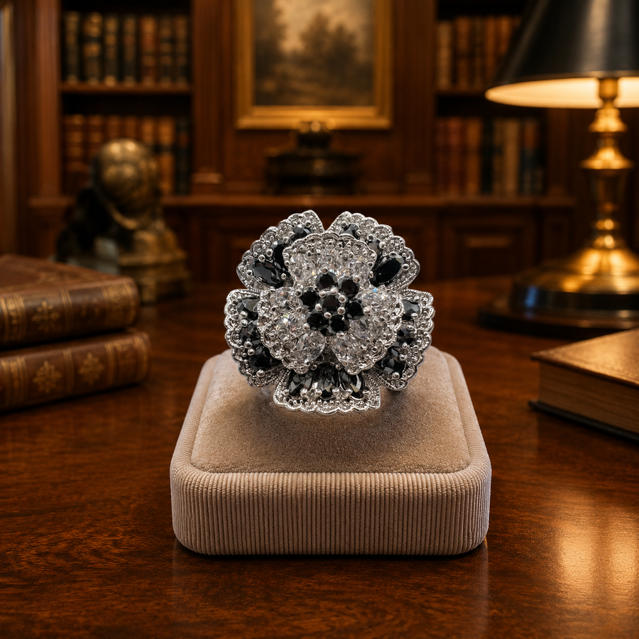 Statement ring with layered floral clusters of black and clear rhinestones
