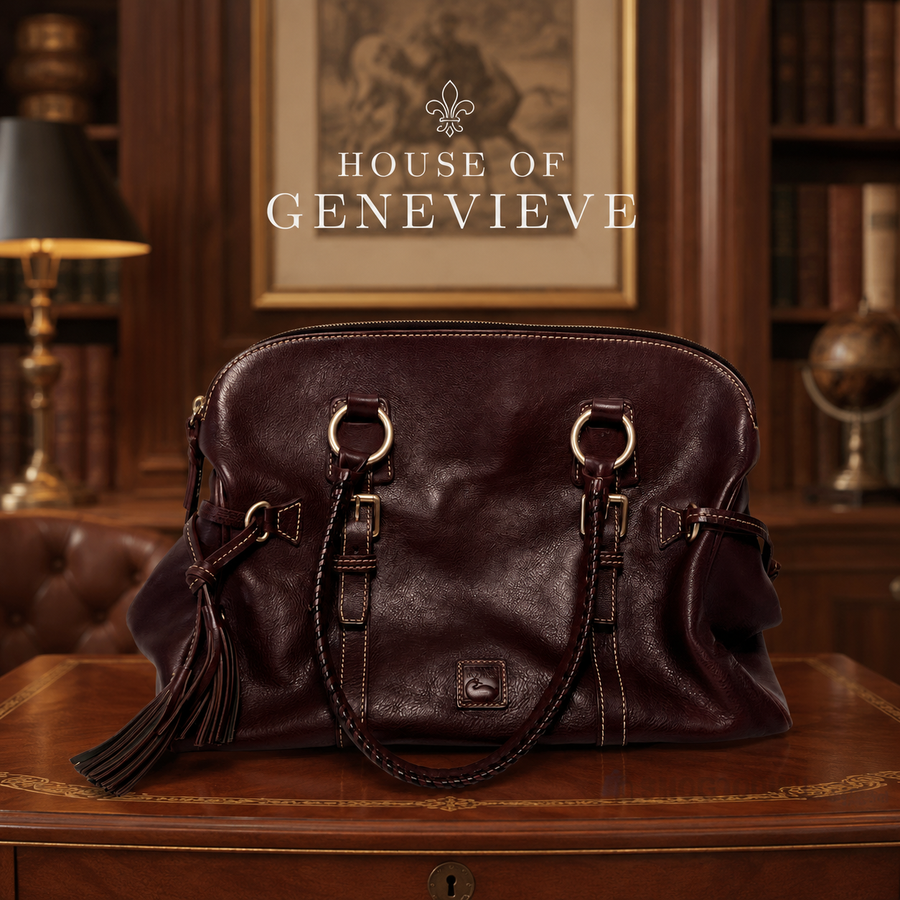Dooney and Bourke burgundy pebbled leather satchel with braided top handles and leather tassel