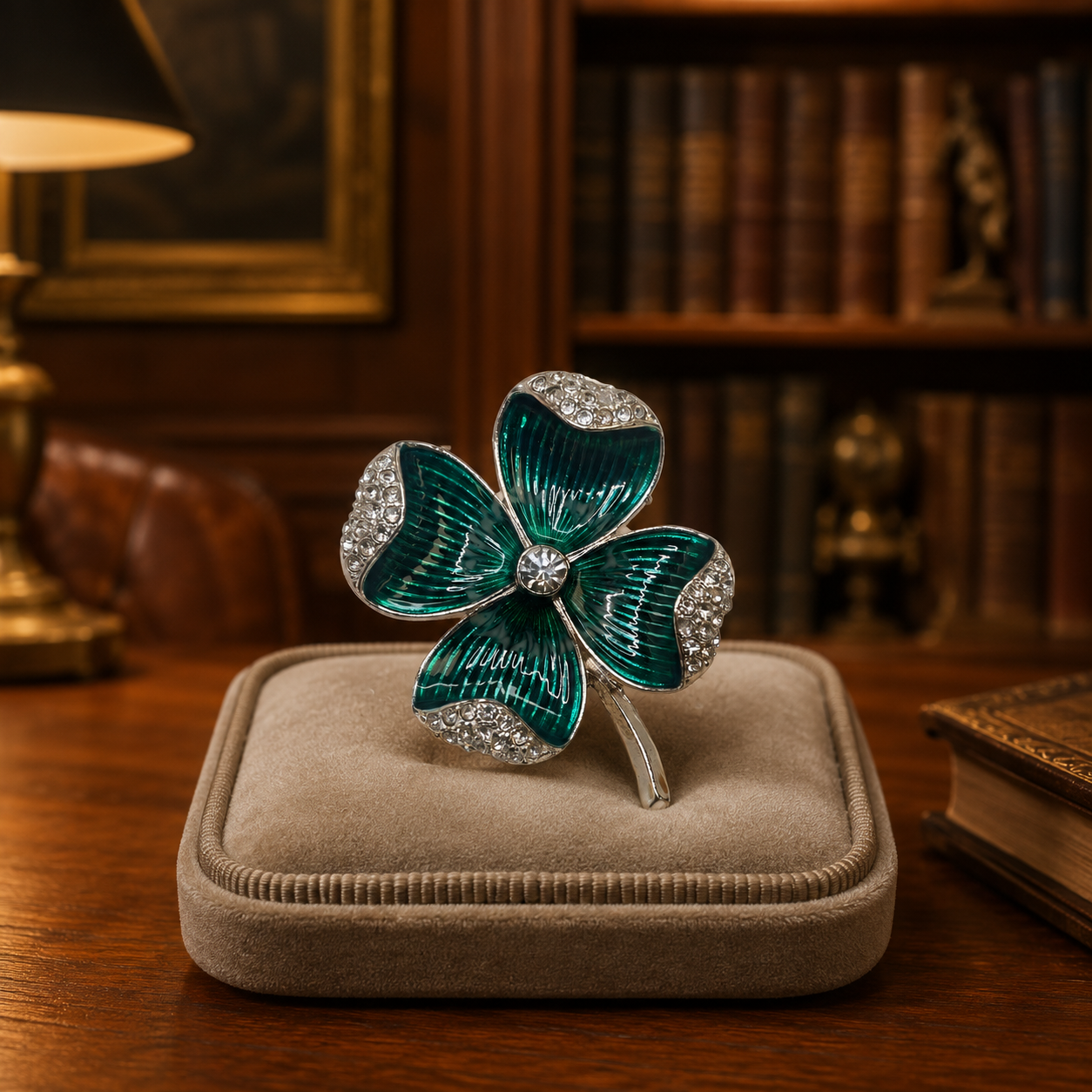 Napier Green Enamel Rhinestone Clover Brooch