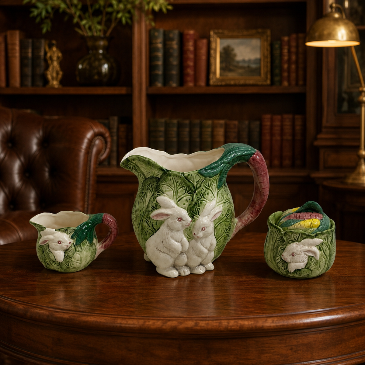 Green ceramic cabbage leaf pitcher, creamer and lidded sugar bowl with white rabbits and carrots