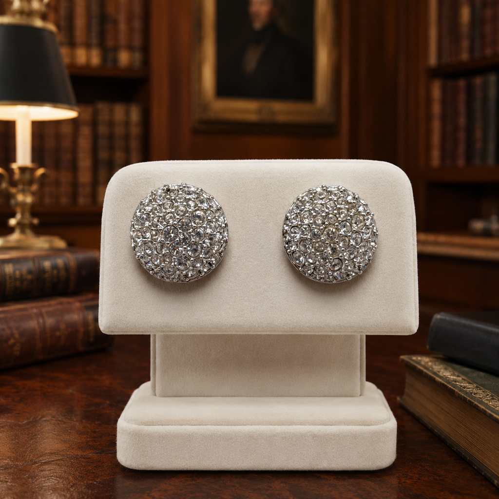 Vintage Swarovski Silver-Tone Pavé Crystal Dome Clip-On Earrings