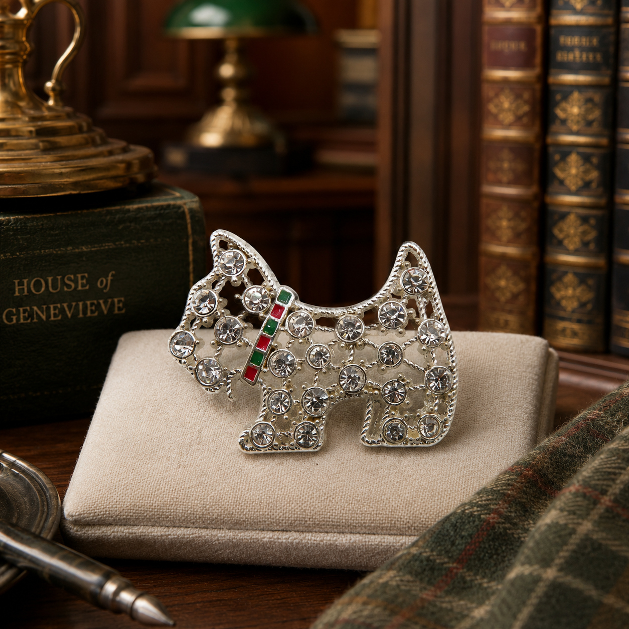 Silver-Tone Rhinestone Scottish Terrier Scottie Dog Brooch with Enamel Collar