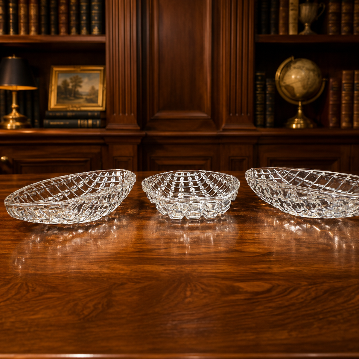 Three clear oval glass serving trays with raised diamond-grid pattern