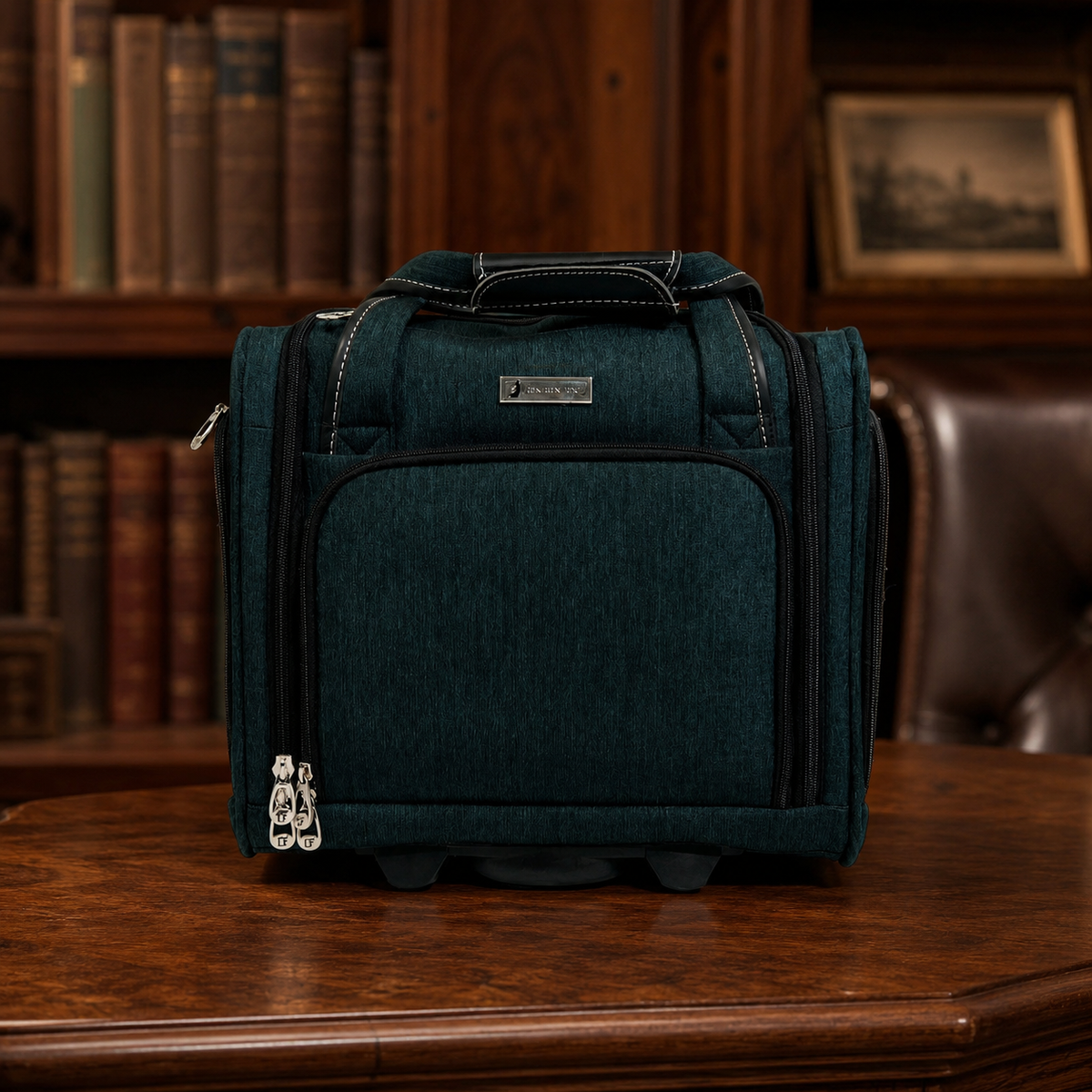 London Fog teal carry-on suitcase with telescoping handle