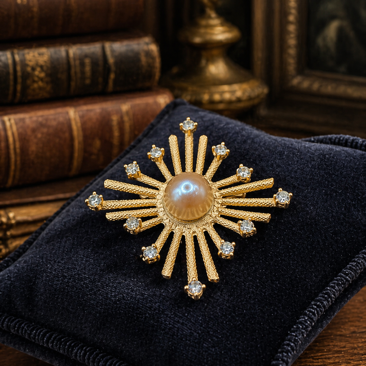 1950s Dalsheim Signed Sunburst Starburst Brooch Simulated Pearl Center Crystal Tips Gold Tone