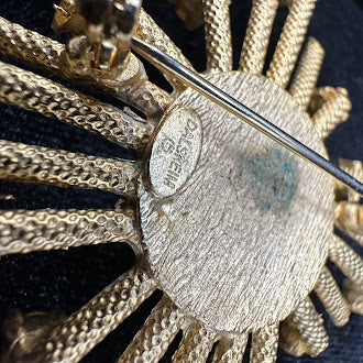 1950s Dalsheim Signed Sunburst Starburst Brooch Simulated Pearl Center Crystal Tips Gold Tone