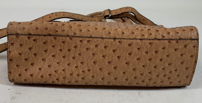 Tan ostrich-embossed faux leather structured satchel with top handle and turn-lock flap, view 4