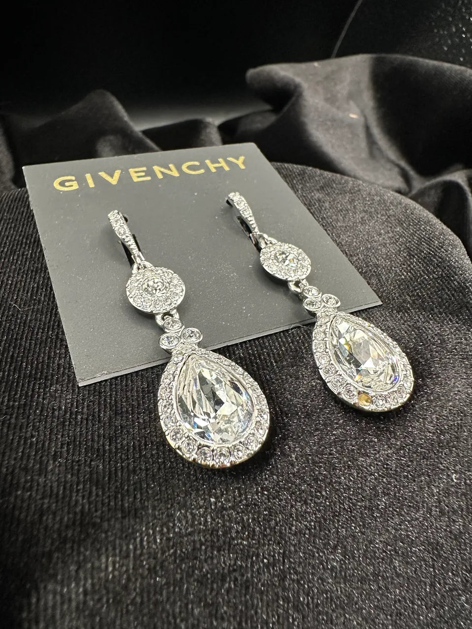 Givenchy Silver Tone Crystal Teardrop Drop Earrings | Clear Rhinestone Statement Earrings