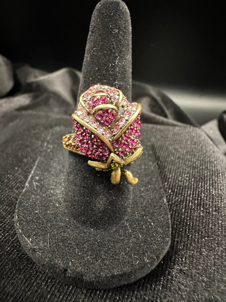 Heidi Daus Pink Crystal Rose Statement Ring Gold Tone Floral Cocktail Designer Jewelry