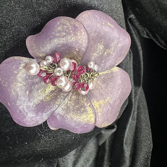 Translucent purple flower brooch with gold-tone wash and faux pearl and pink crystal center, view 5
