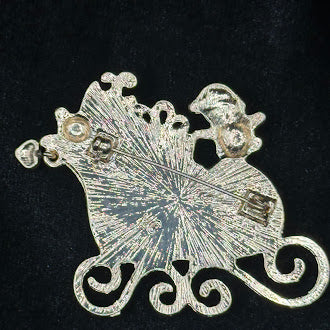 Gold-tone Santa in sleigh Christmas brooch with colorful enamel gifts and rhinestones, view 3