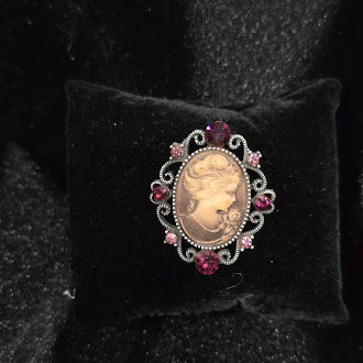 Oval cameo brooch with lady's portrait in silver-tone scroll frame with pink and purple rhinestones, view 4