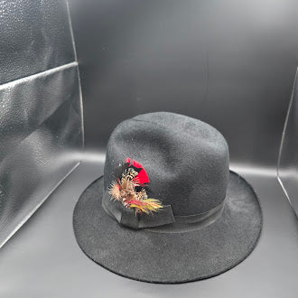 Adolfo II black felt fedora-style hat with grosgrain band and feather accent, view 2