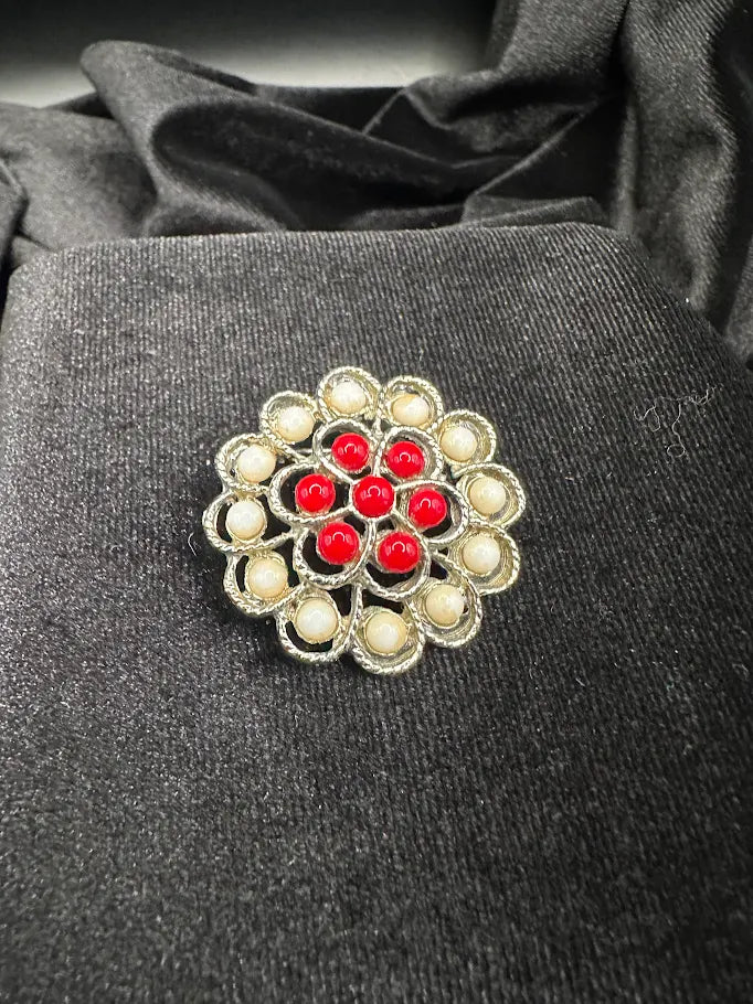 Silver Tone Red and Cream Bead Flower Brooch | Vintage Floral Cluster Pin