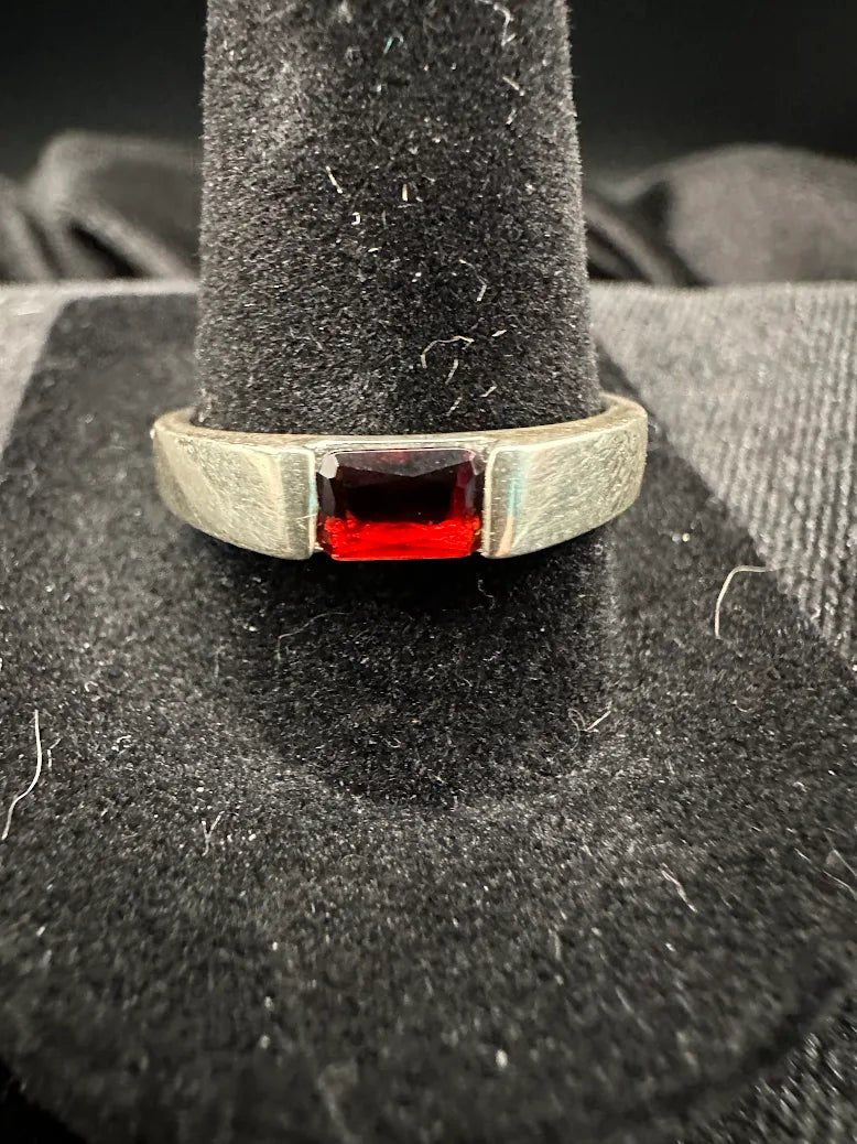 Silver-tone brushed band ring with flush-set rectangular red stone, size 8.75, view 4