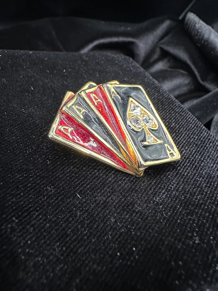 Gold-tone playing card fan brooch with black and red enamel and rhinestone ace of spades, view 3