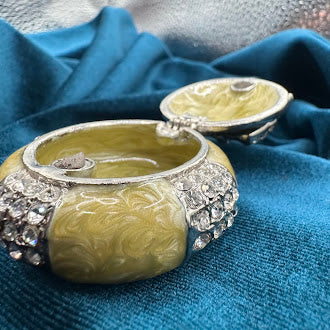 Olive-green marbled enamel mushroom trinket box with rhinestone bands and pavé bow, view 7