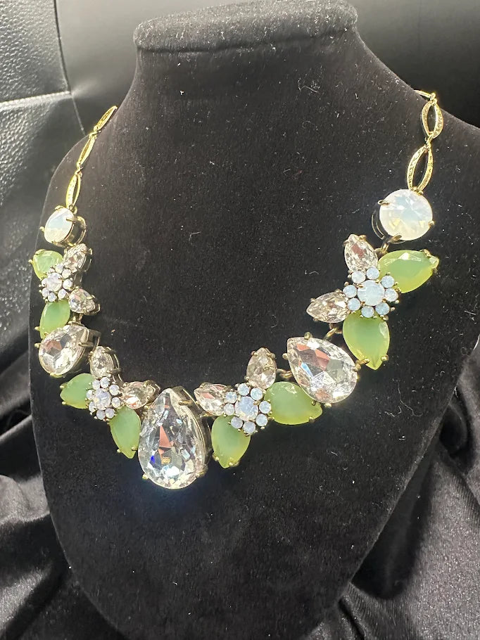 Green Rhinestone Bib Necklace Gold Tone Crystal Statement Jewelry