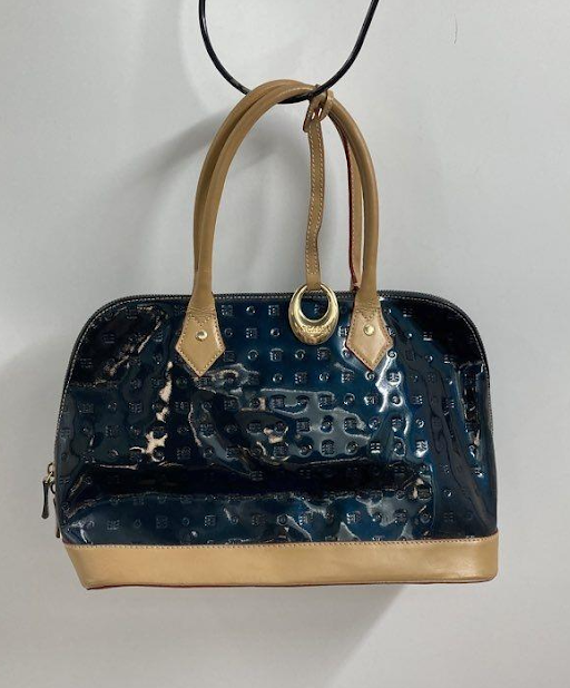 Arcadia Italian Patent Leather Satchel, Blue Embossed Dome Bag with Tan Trim