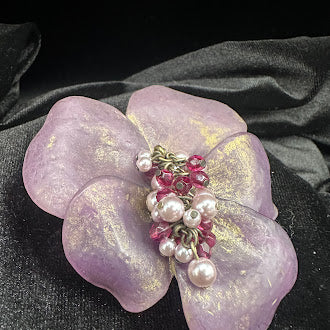 Translucent purple flower brooch with gold-tone wash and faux pearl and pink crystal center, view 4