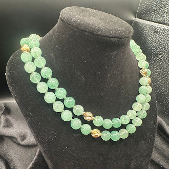 Green Aventurine Style Double Strand Bead Necklace with Gold Tone Accents