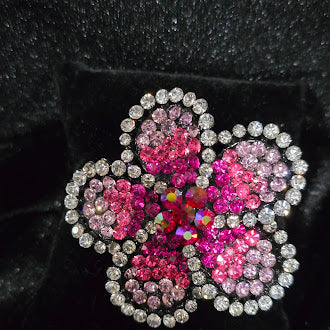 Silver-tone layered flower brooch with pink rhinestones and clear rhinestone halo, view 2