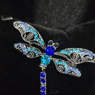 Blue Rhinestone Articulated Dragonfly Brooch Silver Tone Filigree | Crystal Insect Statement Pin