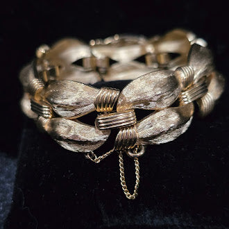 Vintage Crown Trifari Gold Tone Textured Link Bracelet with Safety Chain, Brushed Finish Oval Links, Classic Estate Designer Style, 55g