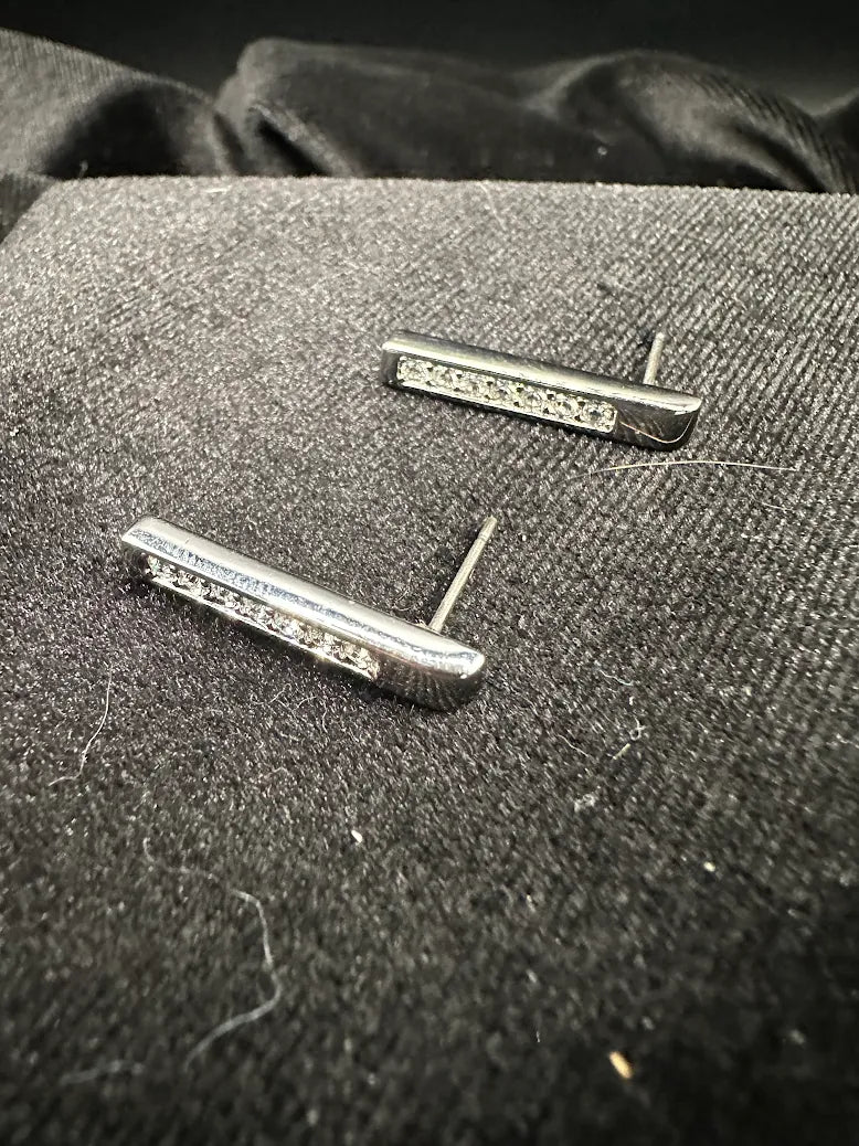 Swarovski silver-tone bar stud earrings with row of clear crystals, view 2