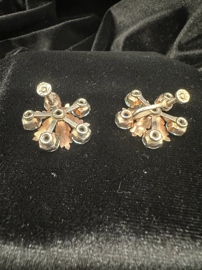 Gold-tone floral cluster screw back earrings with blue faceted crystals, view 4