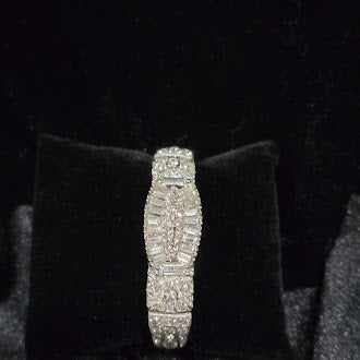 Vintage Ledo Silver Tone Hinged Bangle Bracelet with Icy Rhinestones, Art Deco Revival Design, Baguette Halo Center, Elegant Statement Style